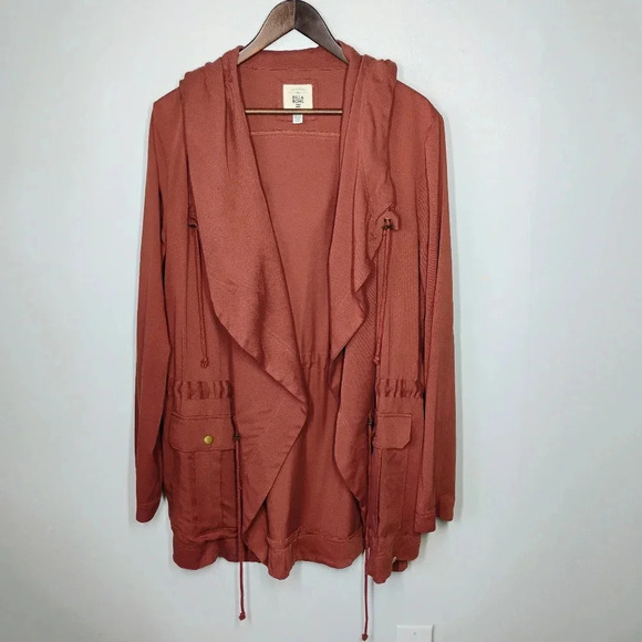 Billabong Lightweight Hooded Rose Vale Red Open Front Utility Jacket Size Medium - Picture 2 of 14